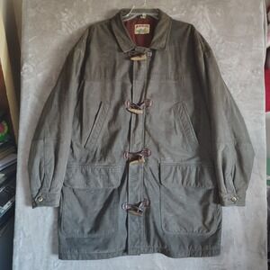 VTG ADIRONDACK Savile Row Mens L Duffle Coat Green Gray Leather Toggle Closure